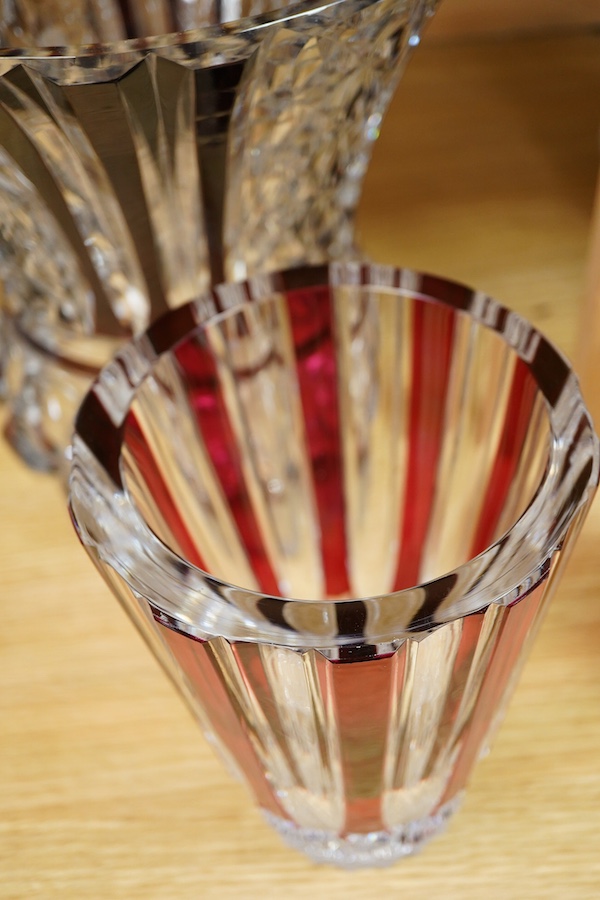 Two Val St. Lambert heavy cut ruby overlaid glass vases, largest 30cm high